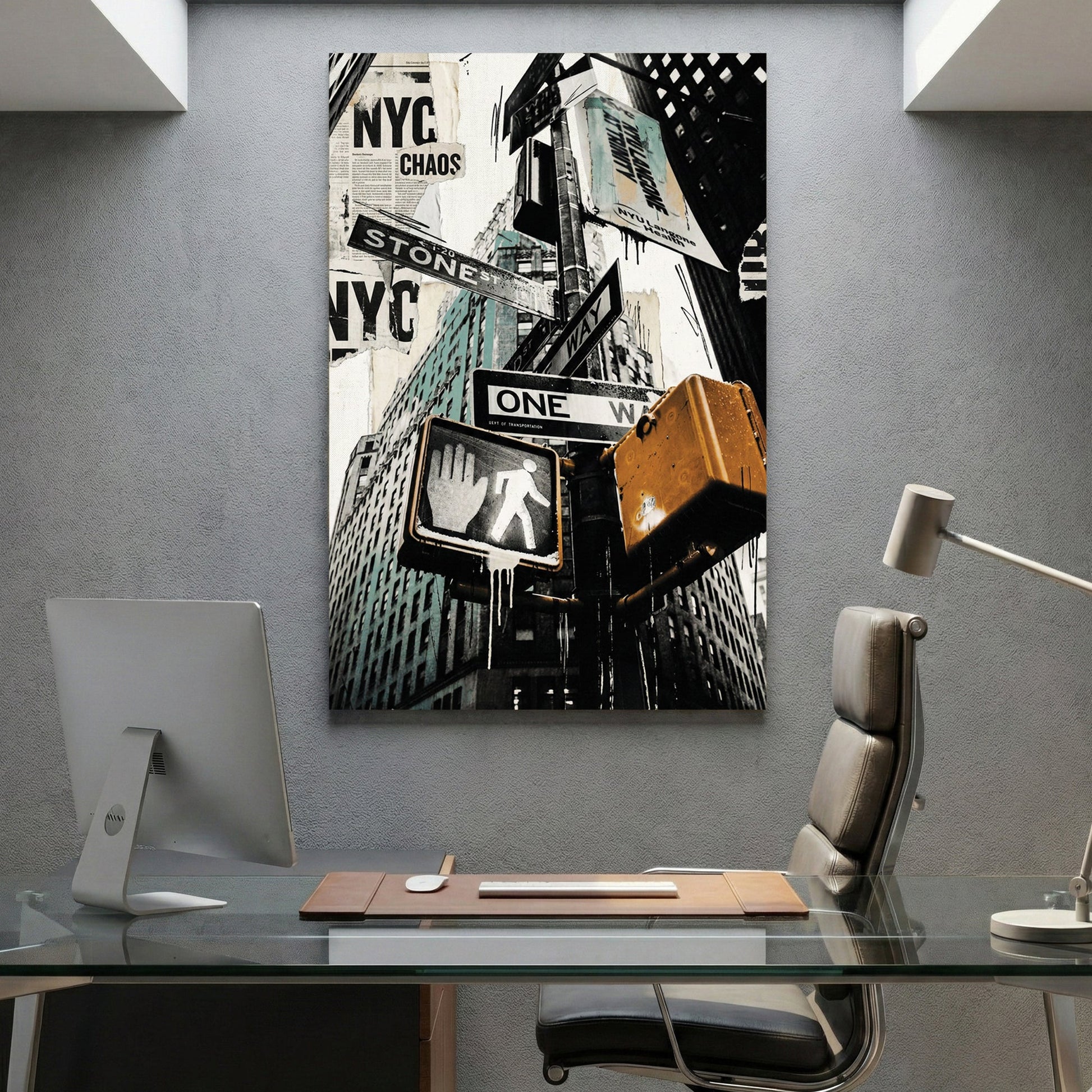 New York City urban landscape with street art typography and architecture wall art print