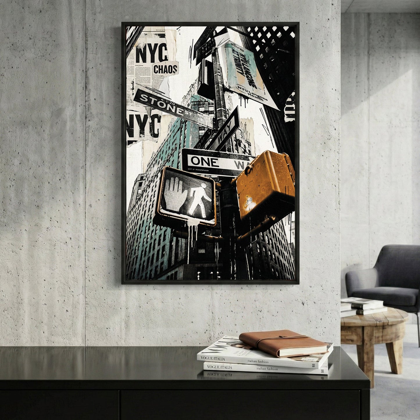 New York City urban landscape with street art typography and architecture wall art print