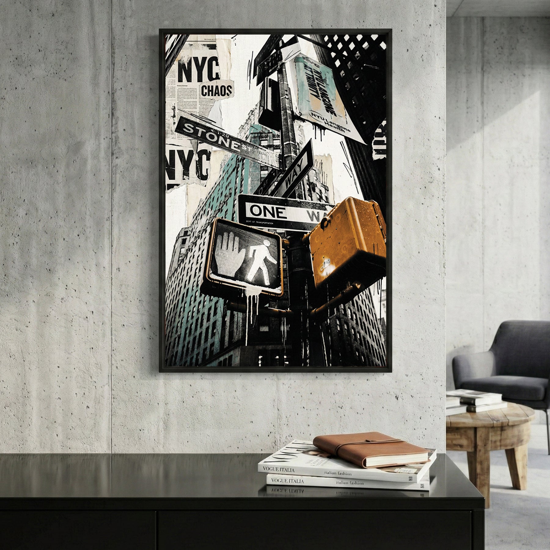 New York City urban landscape with street art typography and architecture wall art print