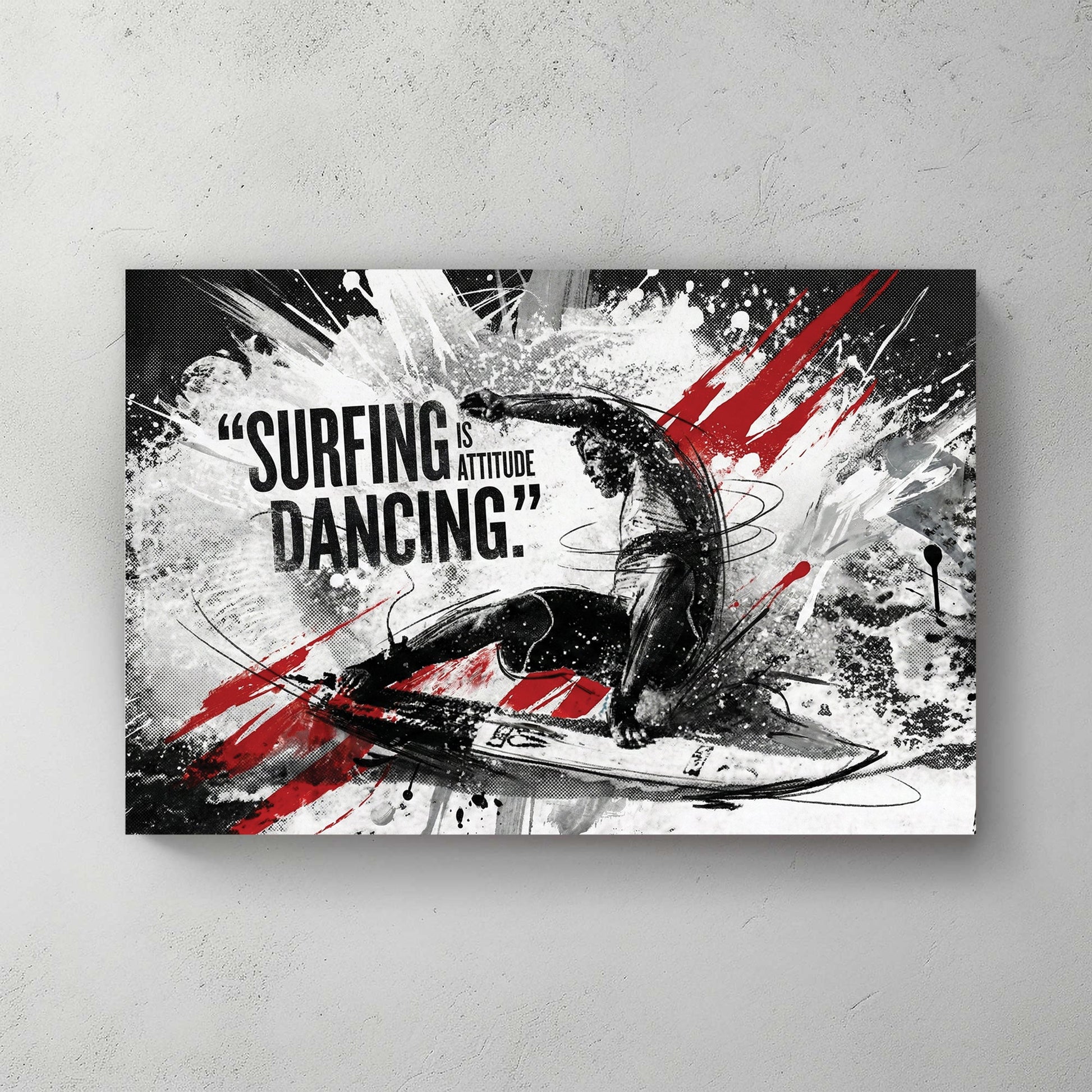 Surfer silhouette with attitude typography and red accent marks wall art print