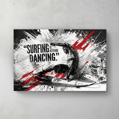 Surfer silhouette with attitude typography and red accent marks wall art print