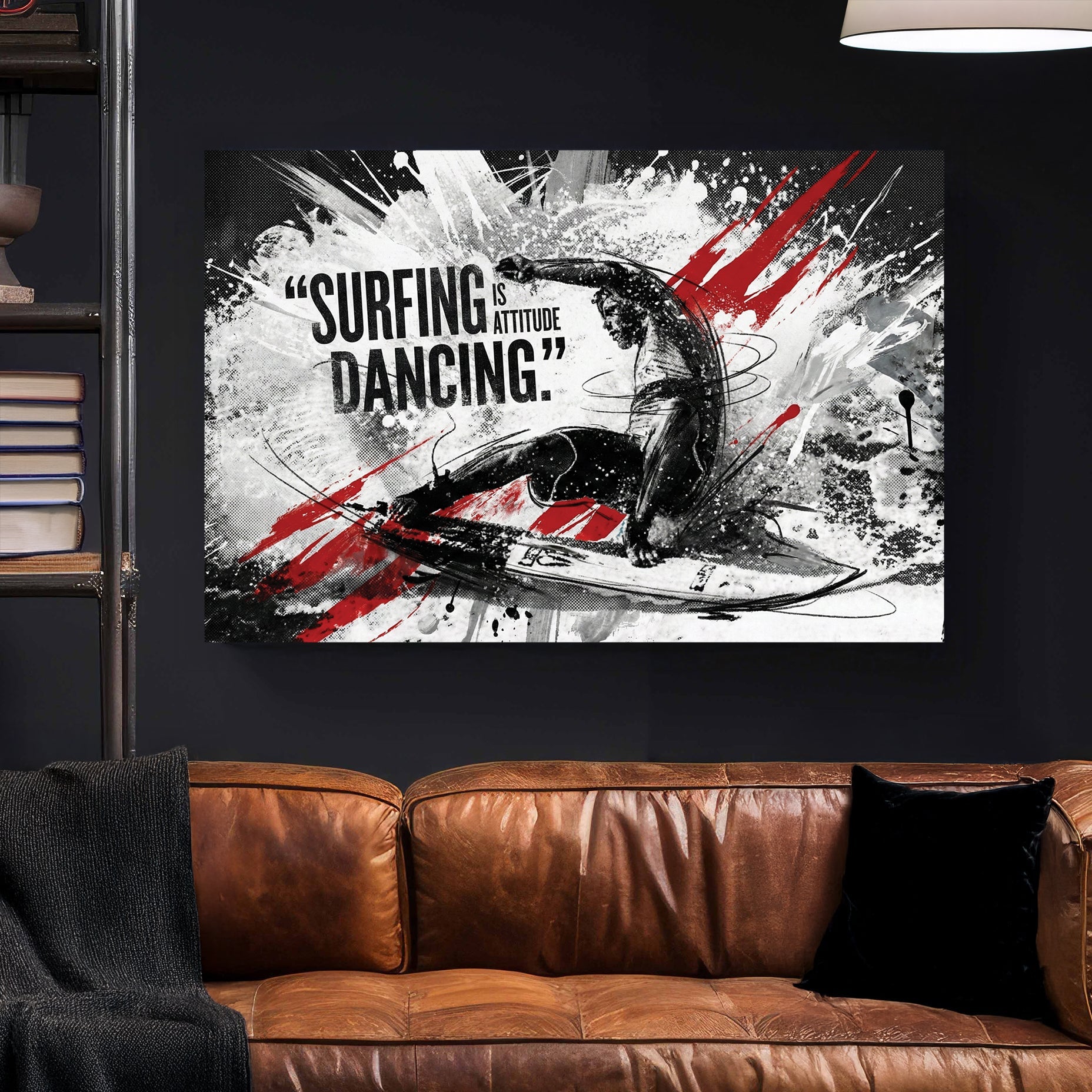Surfer silhouette with attitude typography and red accent marks wall art print