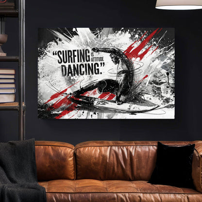 Surfer silhouette with attitude typography and red accent marks wall art print