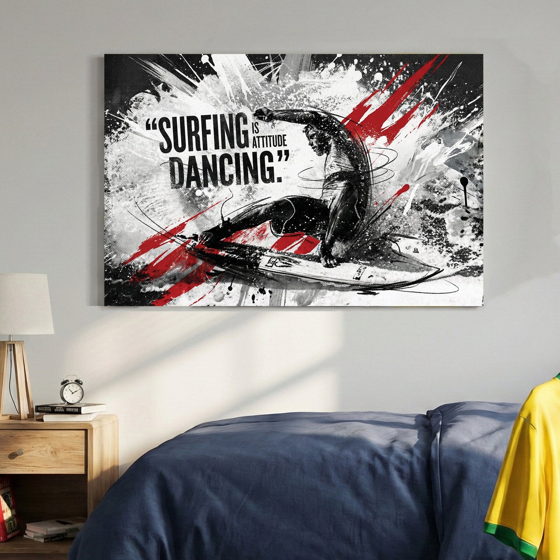 Surfer silhouette with attitude typography and red accent marks wall art print