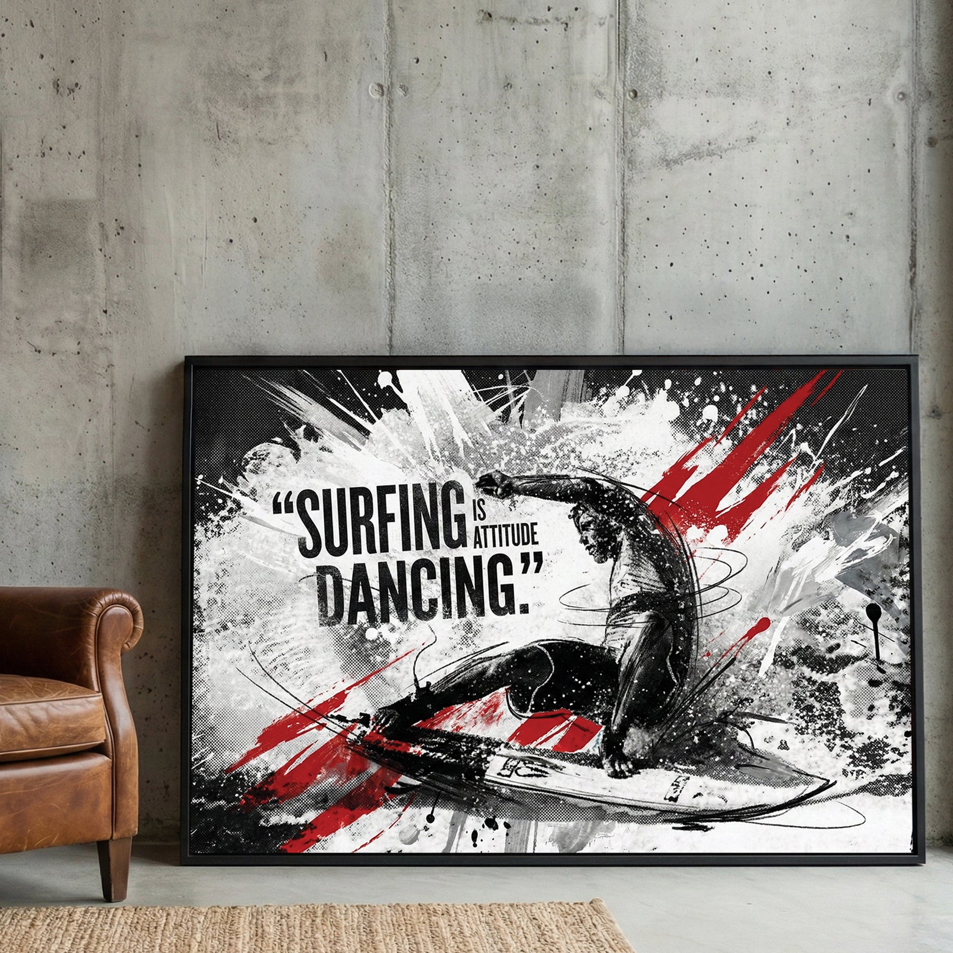 Surfer silhouette with attitude typography and red accent marks wall art print