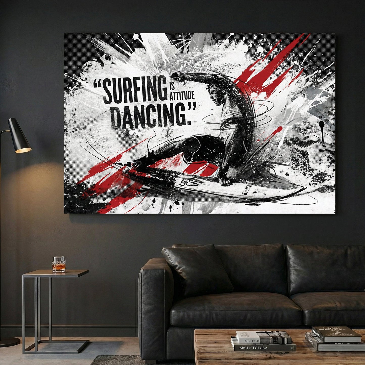 Surfer silhouette with attitude typography and red accent marks wall art print