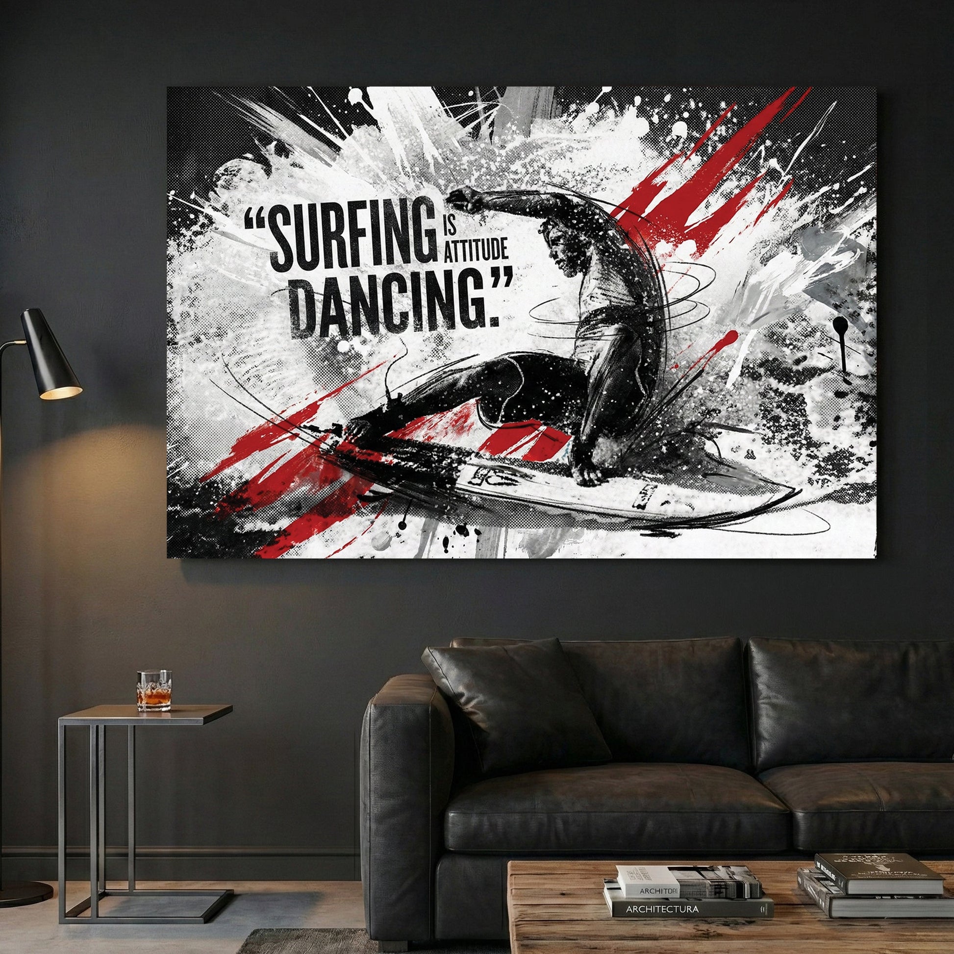 Surfer silhouette with attitude typography and red accent marks wall art print