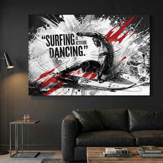 Surfer silhouette with attitude typography and red accent marks wall art print