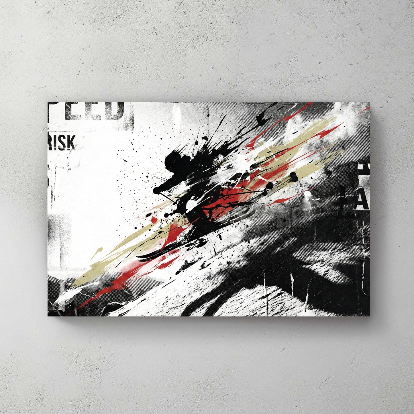 Skier descending slope with speed and risk typography and mixed media effects wall art print