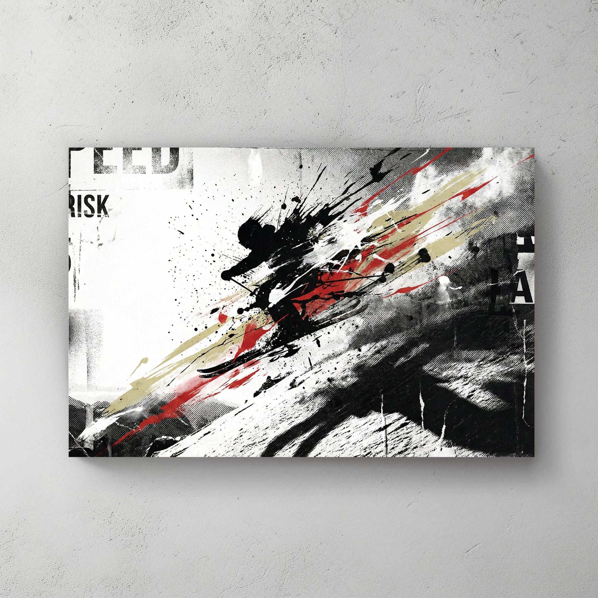Skier descending slope with speed and risk typography and mixed media effects wall art print