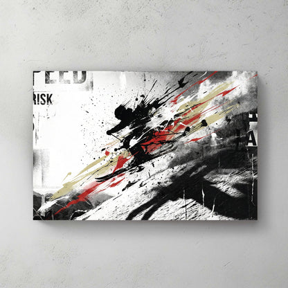 Skier descending slope with speed and risk typography and mixed media effects wall art print