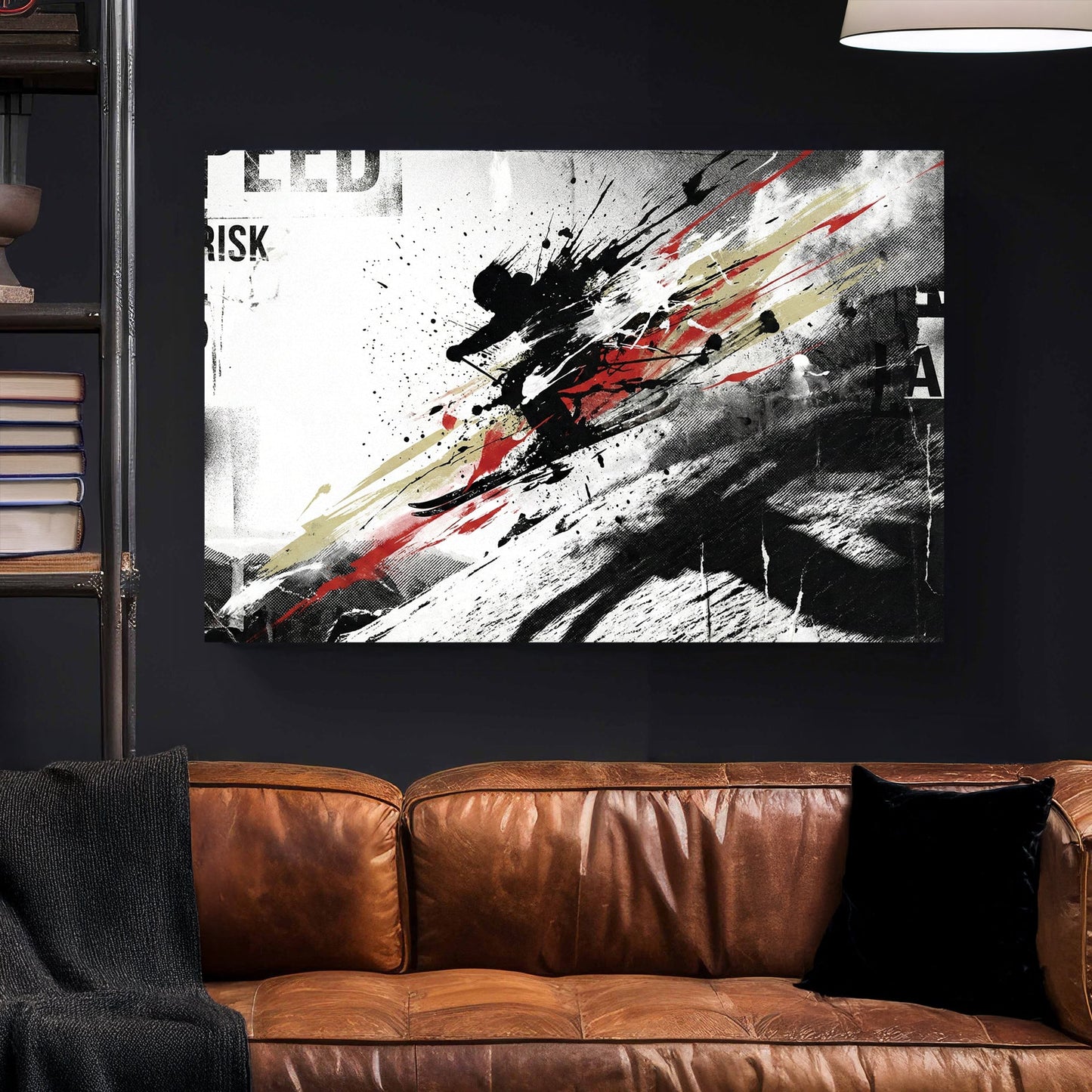 Skier descending slope with speed and risk typography and mixed media effects wall art print