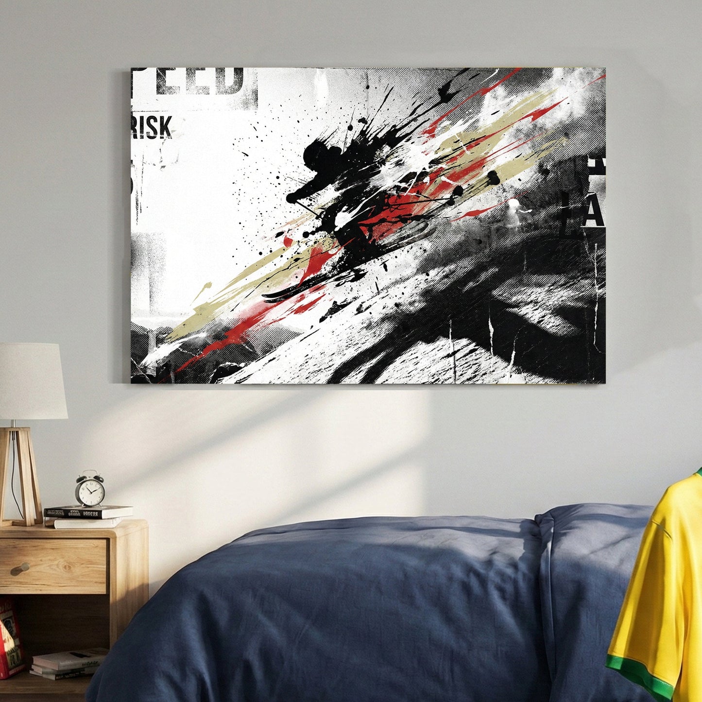 Skier descending slope with speed and risk typography and mixed media effects wall art print