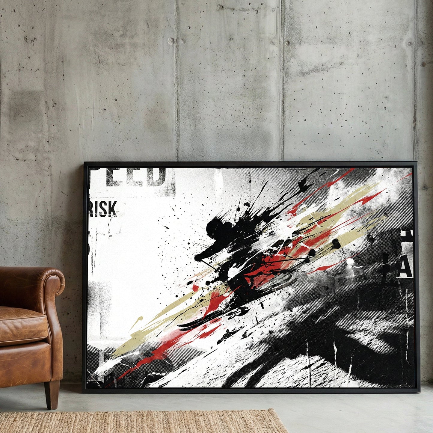Skier descending slope with speed and risk typography and mixed media effects wall art print