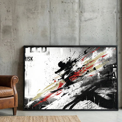 Skier descending slope with speed and risk typography and mixed media effects wall art print