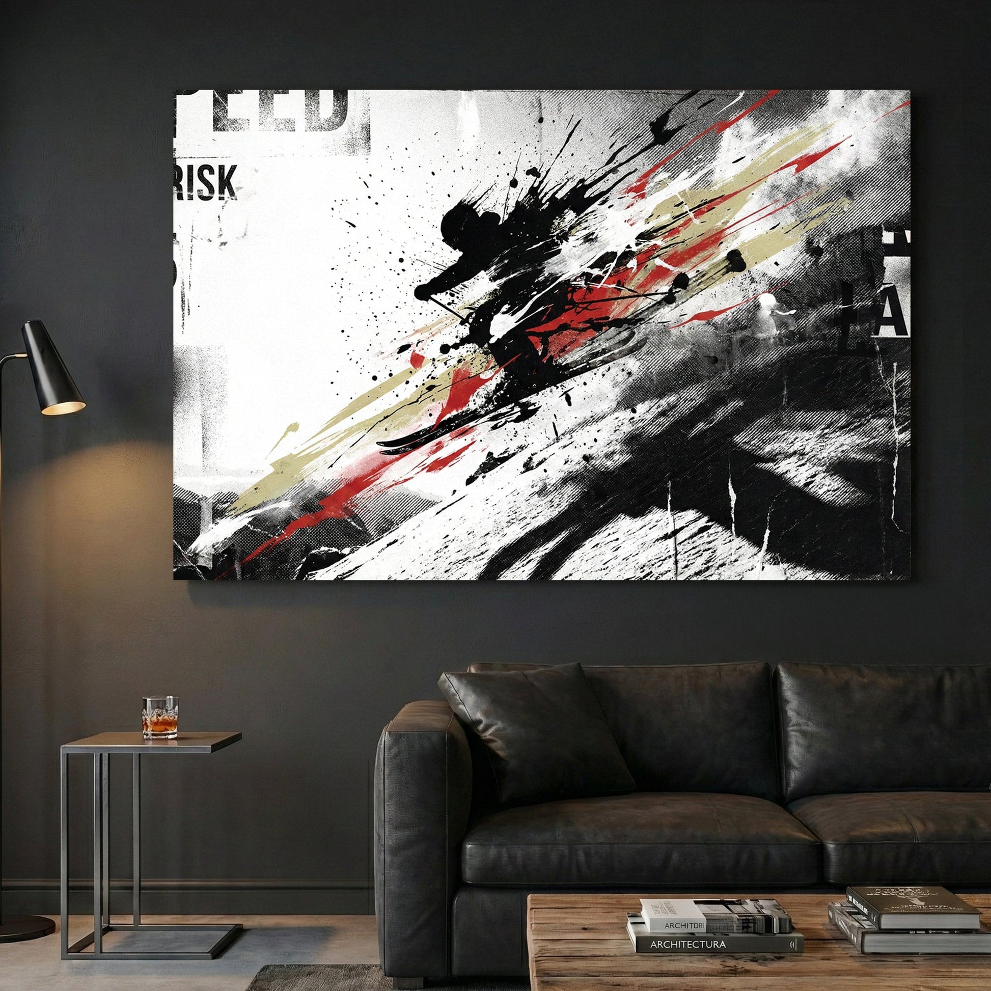 Skier descending slope with speed and risk typography and mixed media effects wall art print