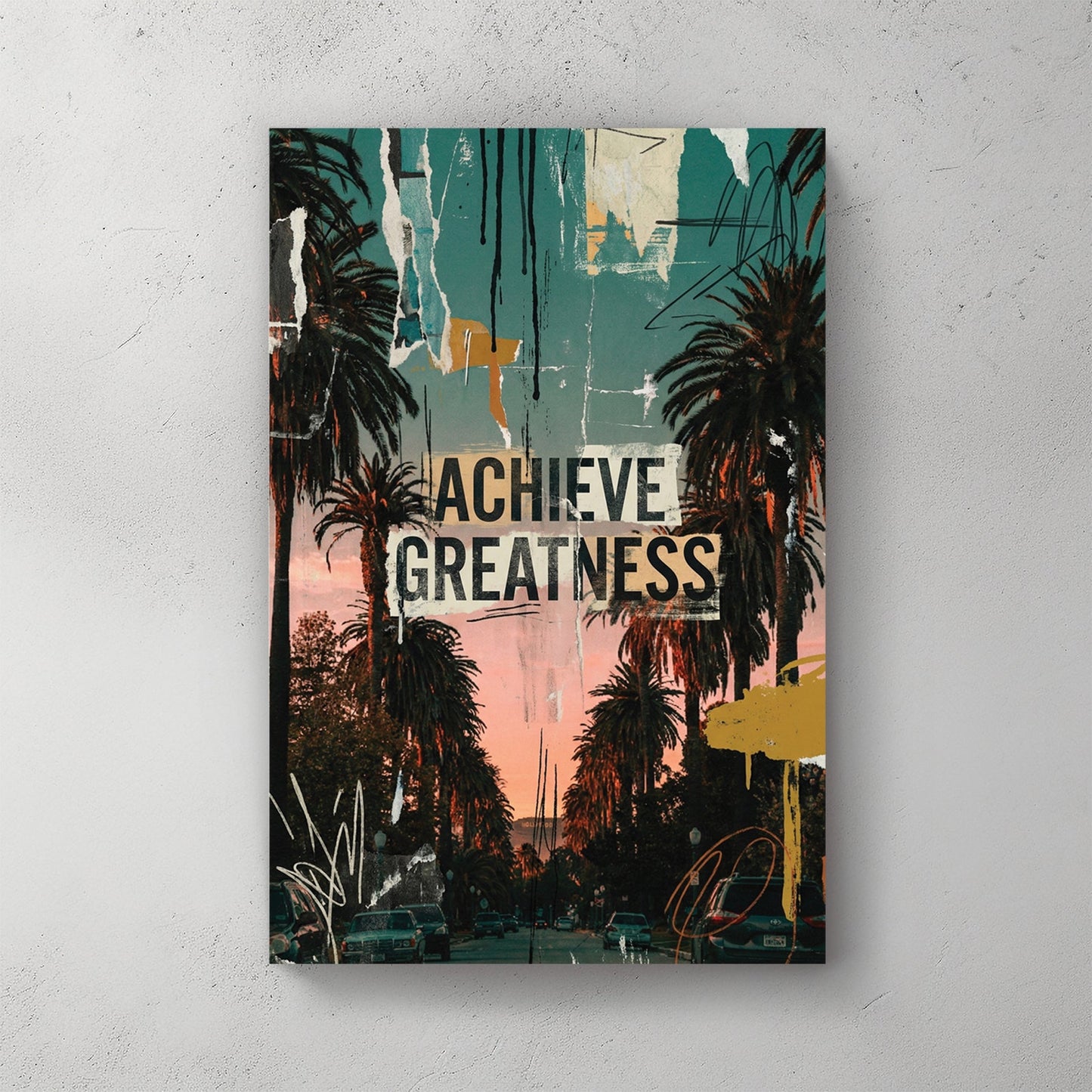 Palm trees silhouettes with achieve greatness text in pop art style wall art print