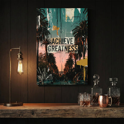 Palm trees silhouettes with achieve greatness text in pop art style wall art print