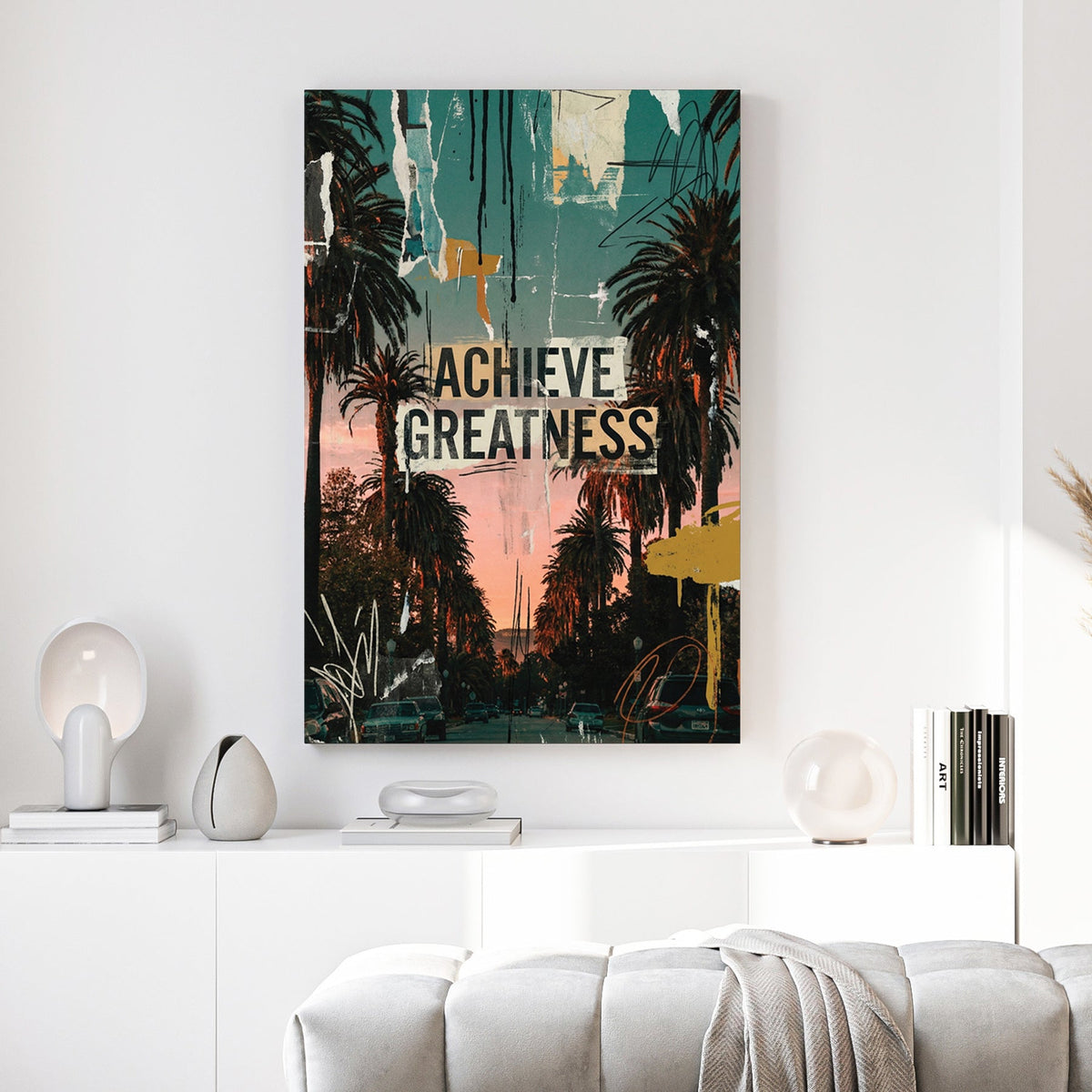 Palm trees silhouettes with achieve greatness text in pop art style wall art print