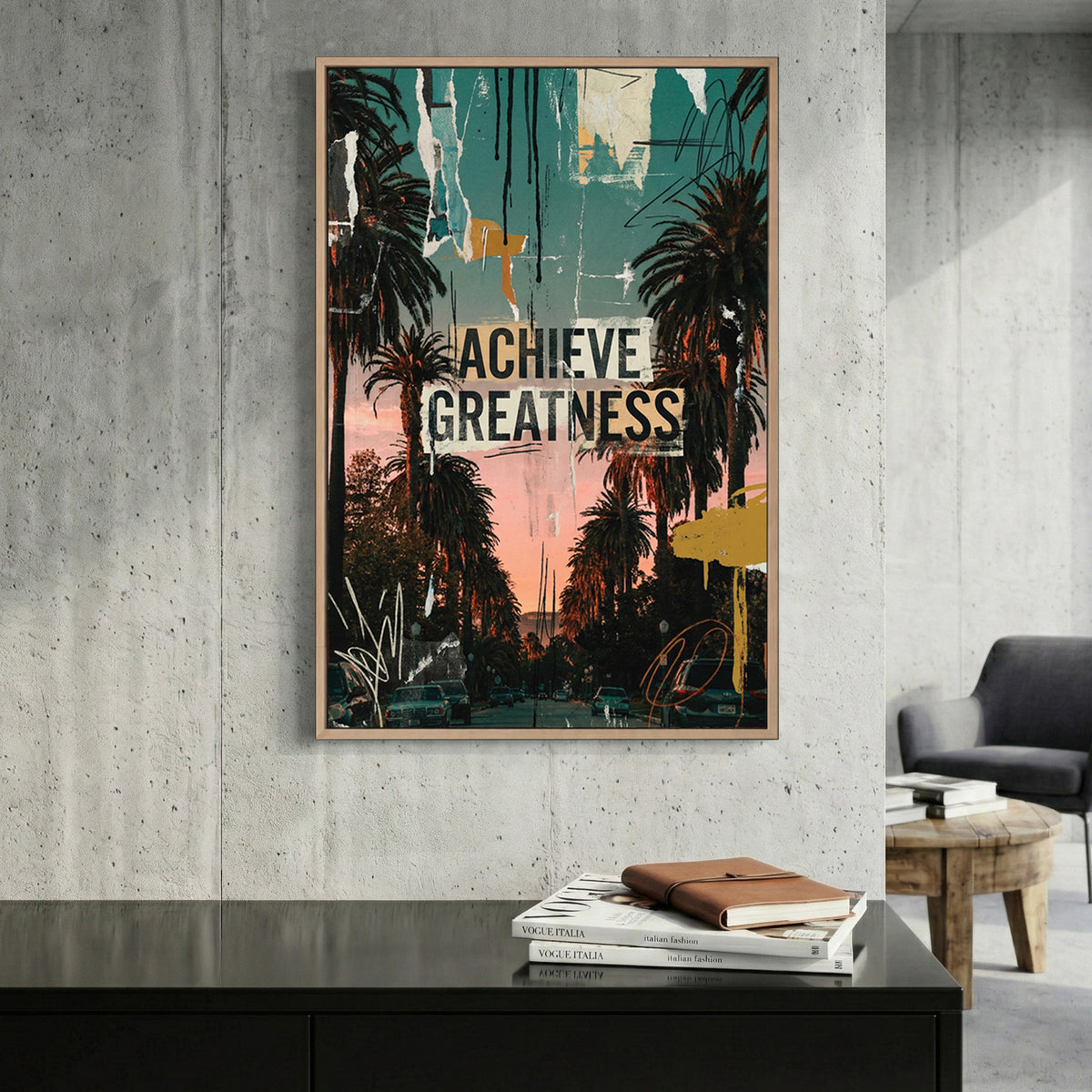 Palm trees silhouettes with achieve greatness text in pop art style wall art print