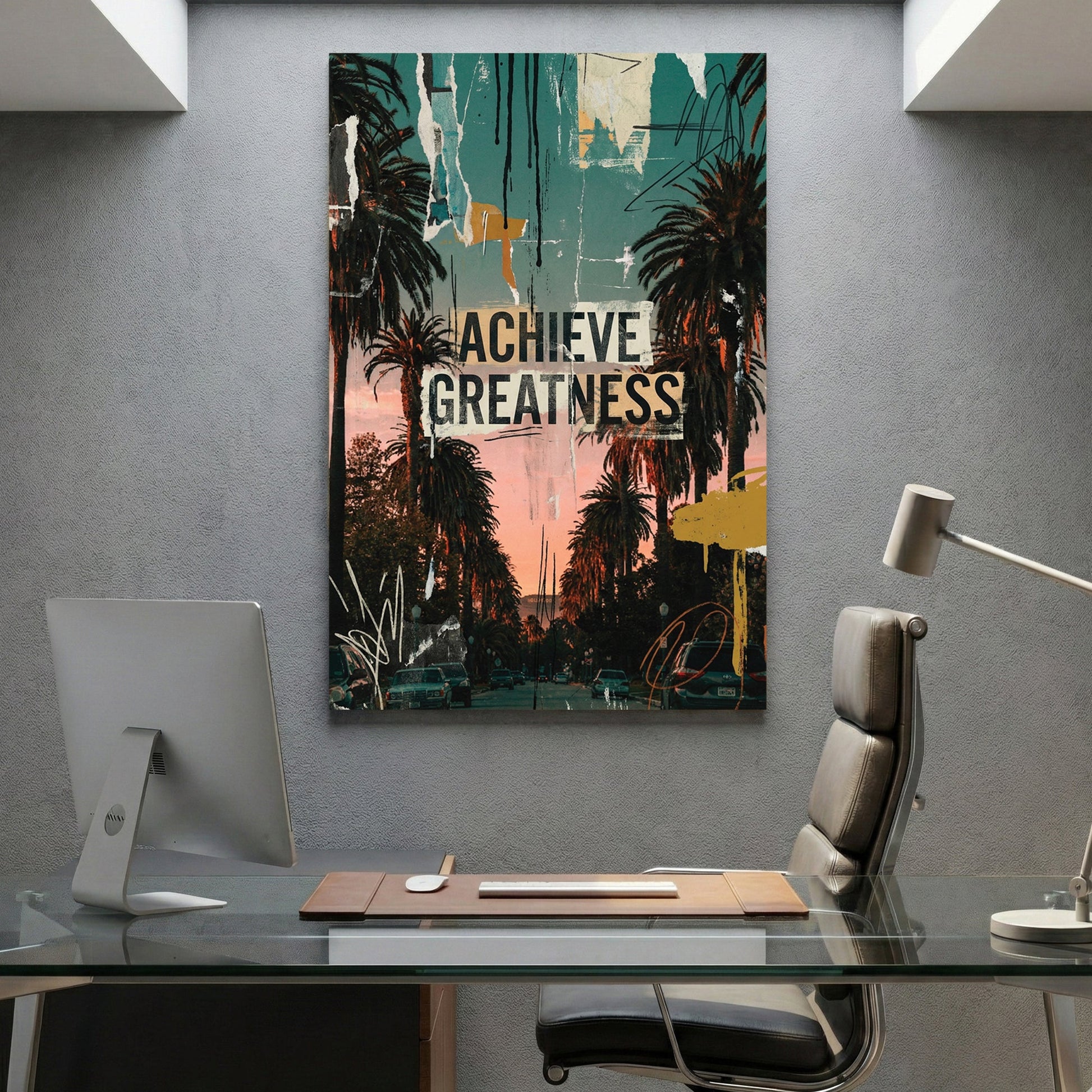 Palm trees silhouettes with achieve greatness text in pop art style wall art print