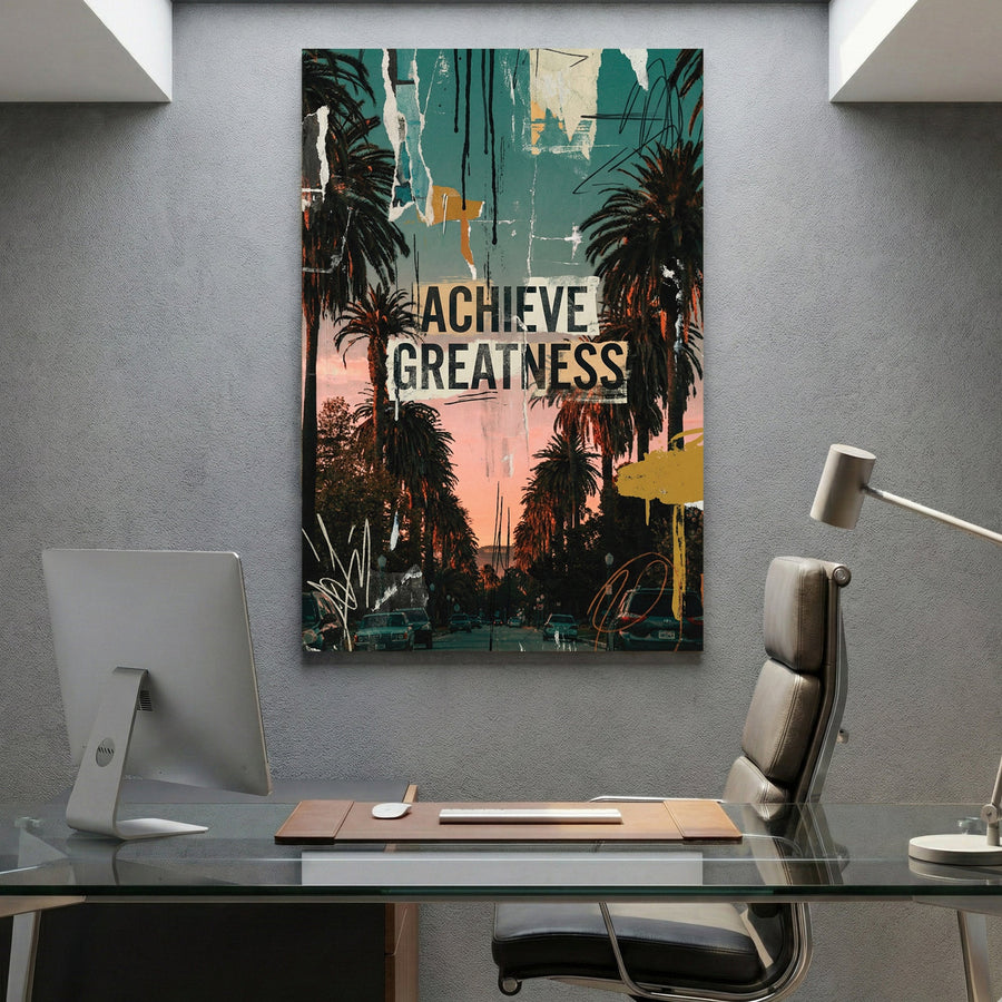 Palm trees silhouettes with achieve greatness text in pop art style wall art print