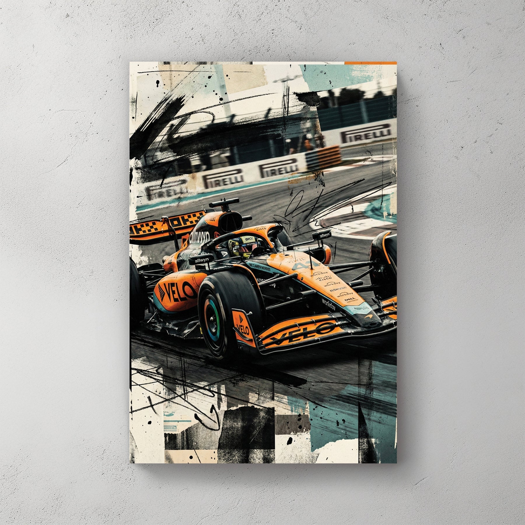 Formula One racing car in orange McLaren livery with mixed media effects wall art print