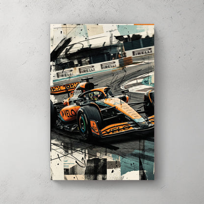 Formula One racing car in orange McLaren livery with mixed media effects wall art print