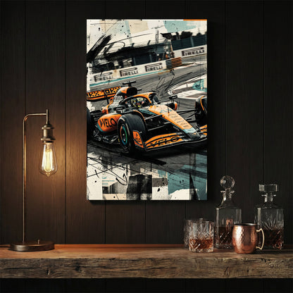 Formula One racing car in orange McLaren livery with mixed media effects wall art print
