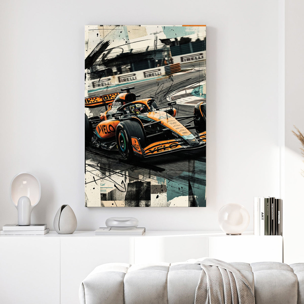 Formula One racing car in orange McLaren livery with mixed media effects wall art print