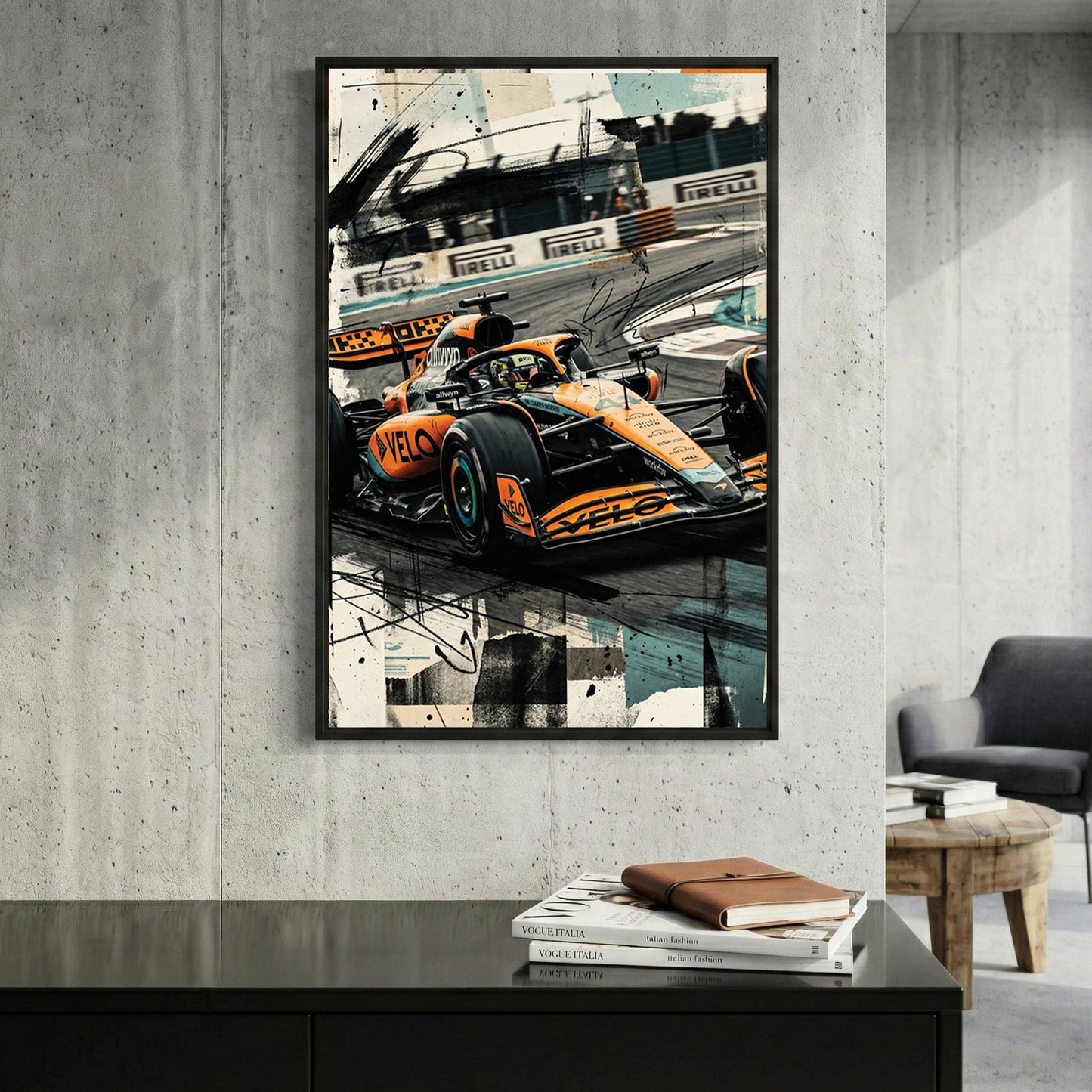 Formula One racing car in orange McLaren livery with mixed media effects wall art print