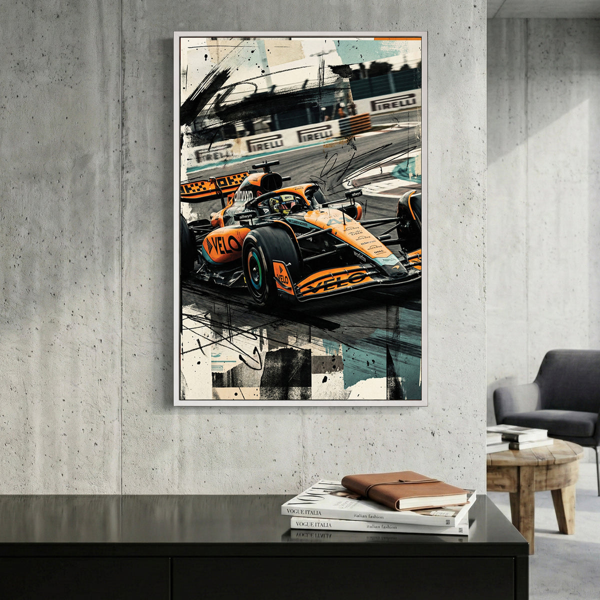Formula One racing car in orange McLaren livery with mixed media effects wall art print