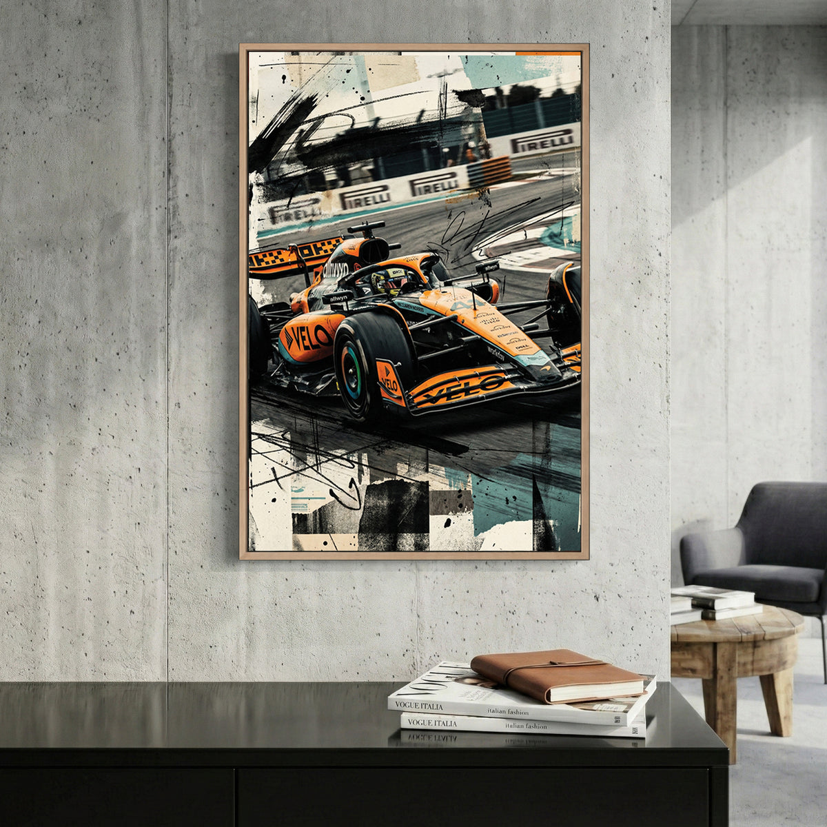 Formula One racing car in orange McLaren livery with mixed media effects wall art print