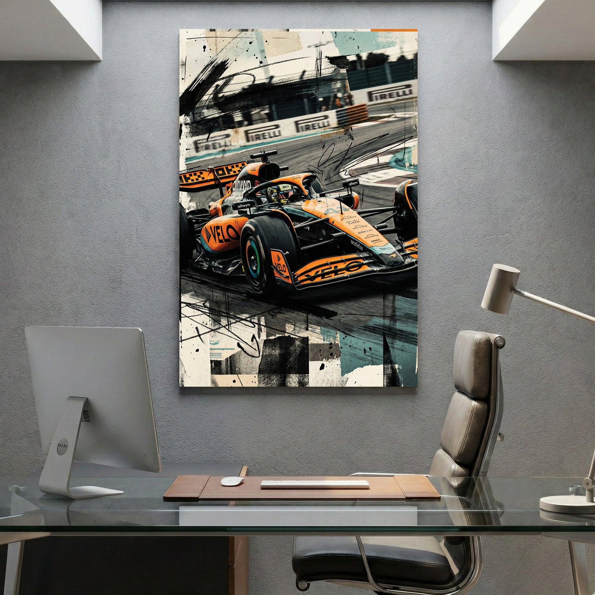 Formula One racing car in orange McLaren livery with mixed media effects wall art print