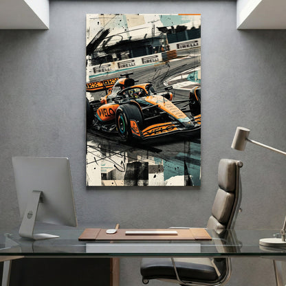 Formula One racing car in orange McLaren livery with mixed media effects wall art print