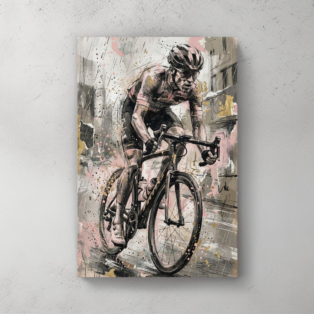 Cyclist on road bike with sketch linework and watercolour washes wall art print