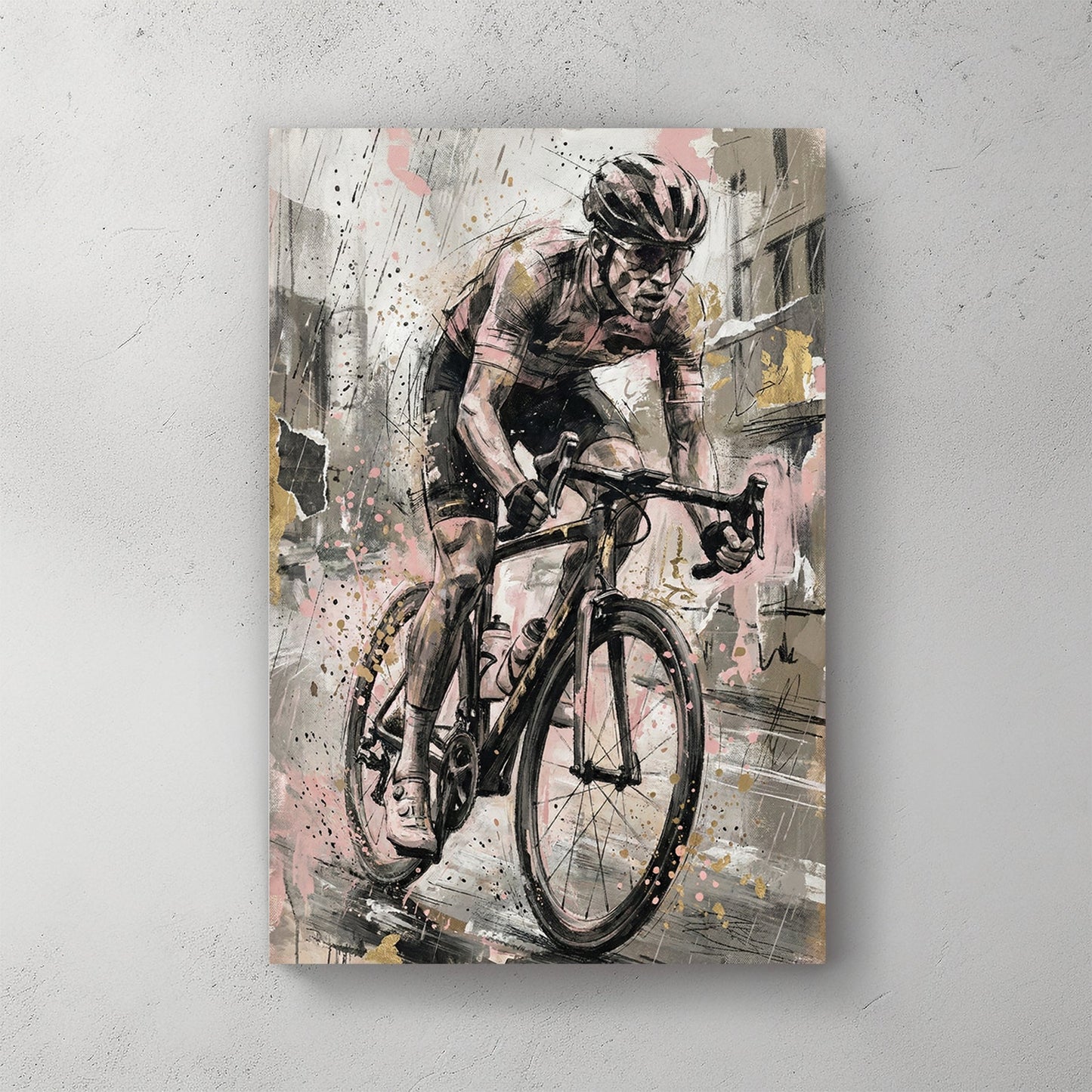 Cyclist on road bike with sketch linework and watercolour washes wall art print