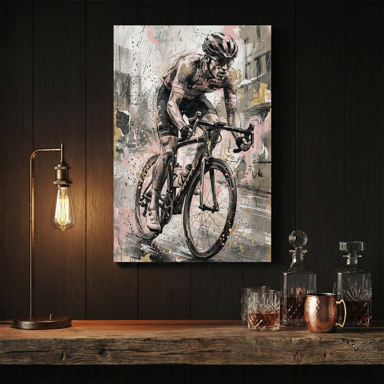 Cyclist on road bike with sketch linework and watercolour washes wall art print