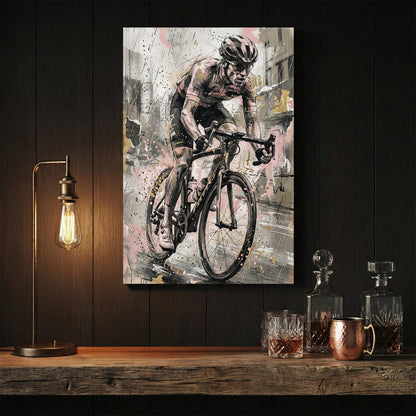 Cyclist on road bike with sketch linework and watercolour washes wall art print