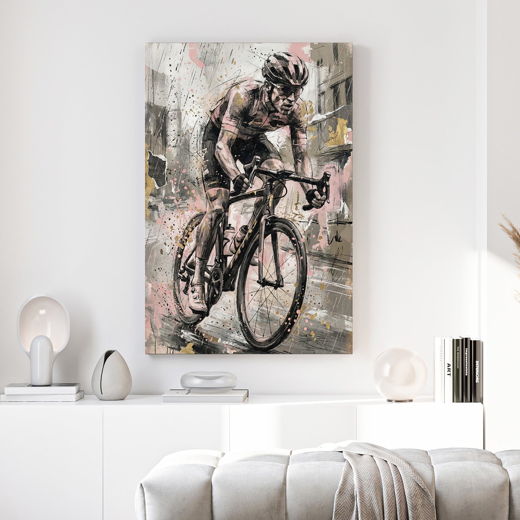 Cyclist on road bike with sketch linework and watercolour washes wall art print