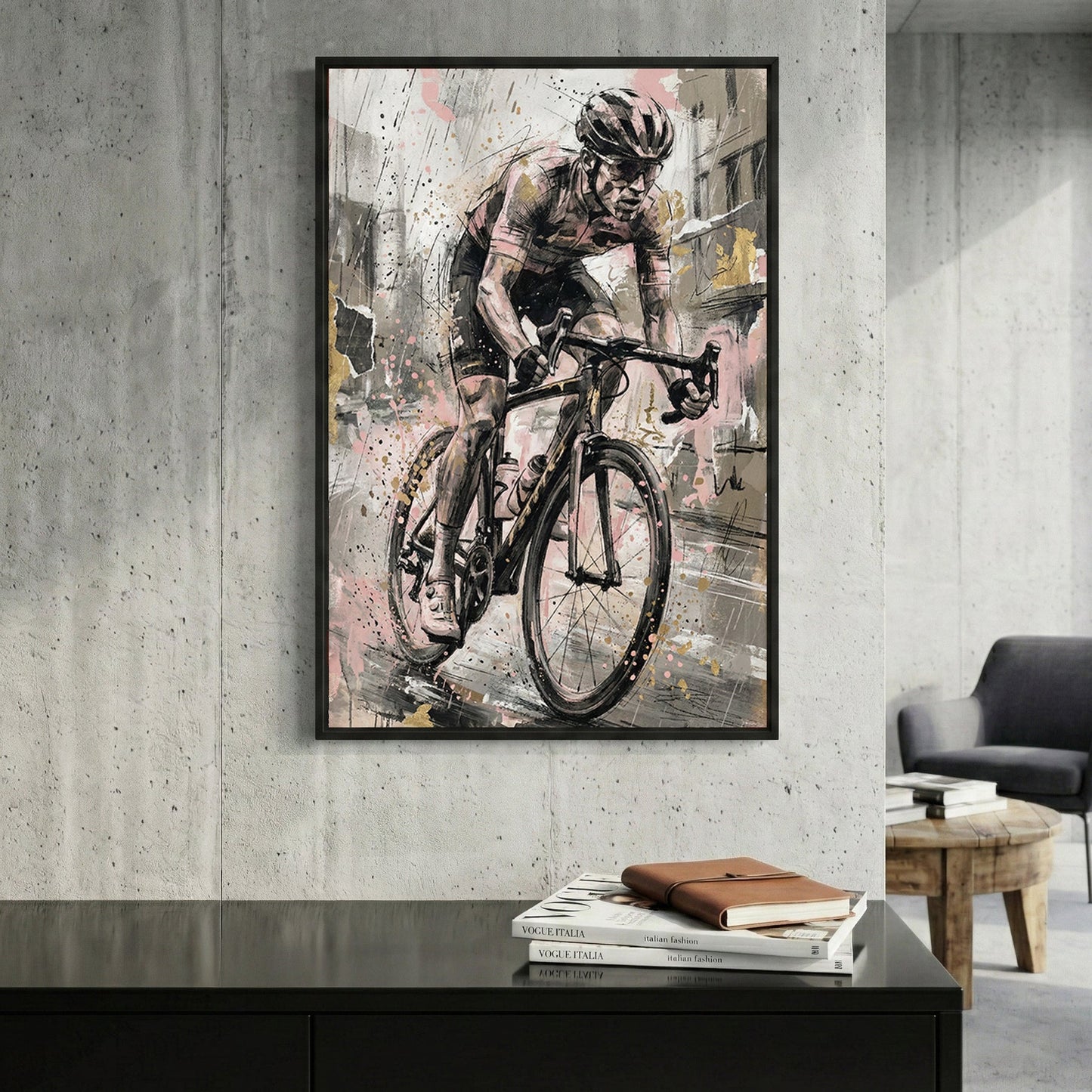 Cyclist on road bike with sketch linework and watercolour washes wall art print