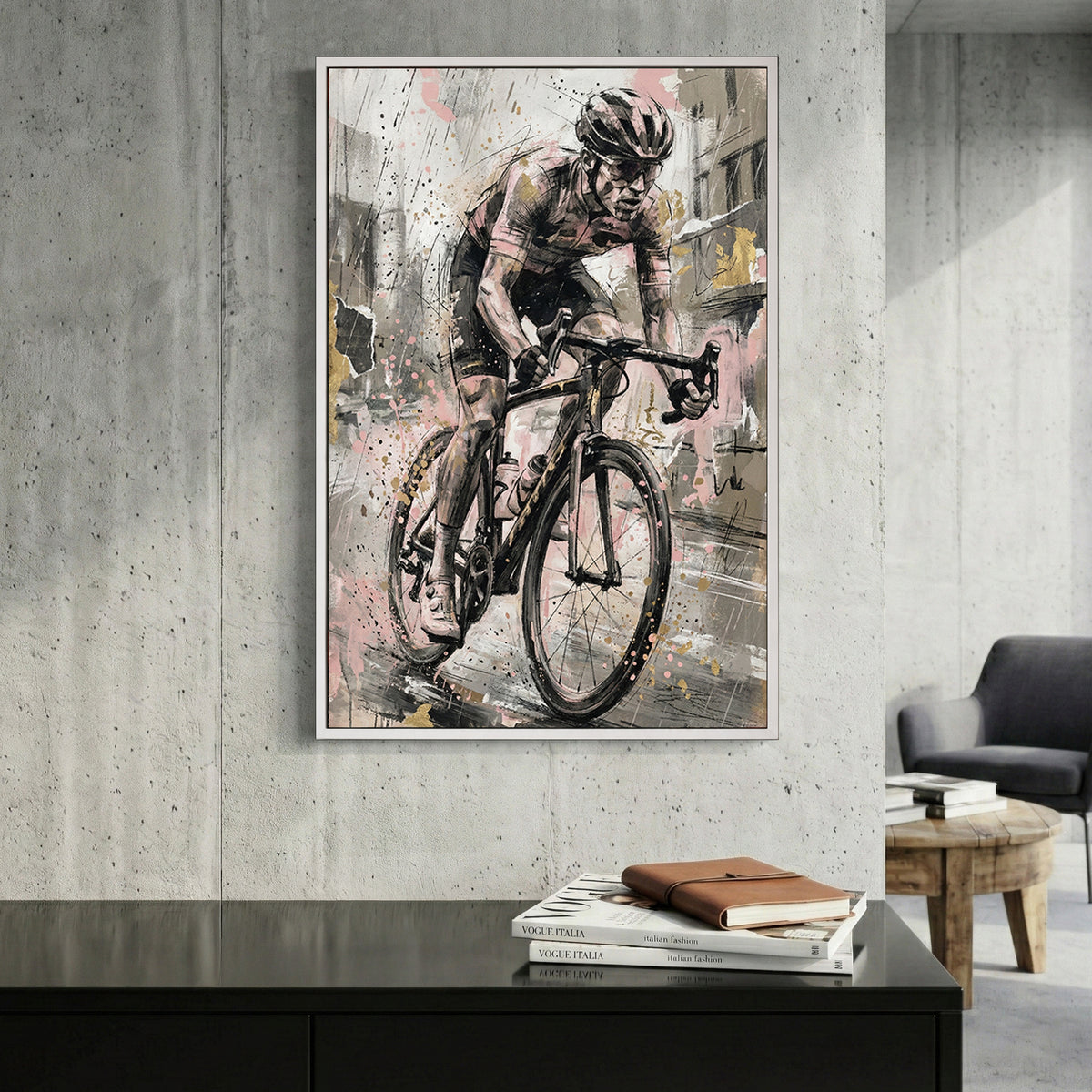 Cyclist on road bike with sketch linework and watercolour washes wall art print