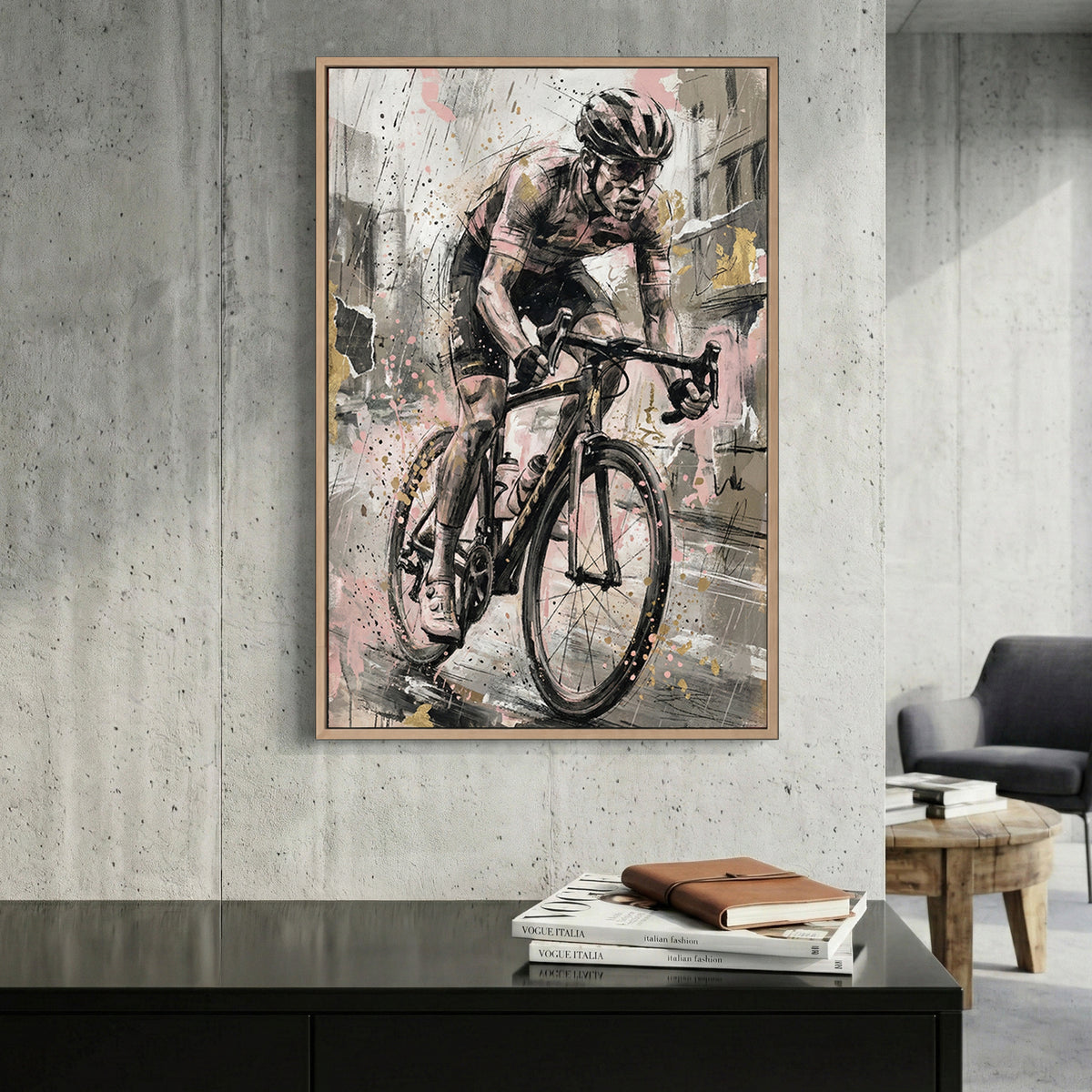 Cyclist on road bike with sketch linework and watercolour washes wall art print