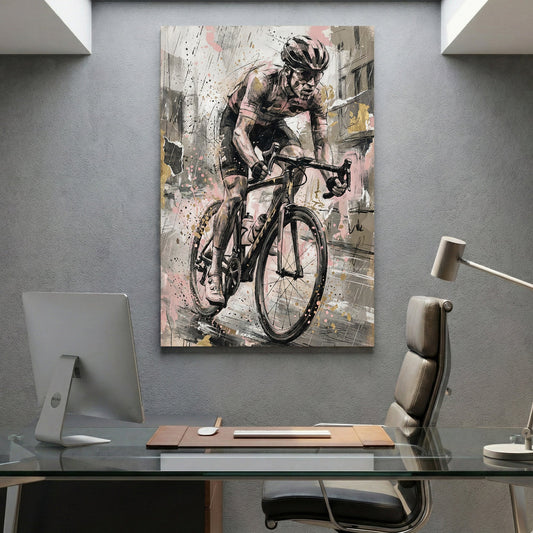 Cyclist on road bike with sketch linework and watercolour washes wall art print
