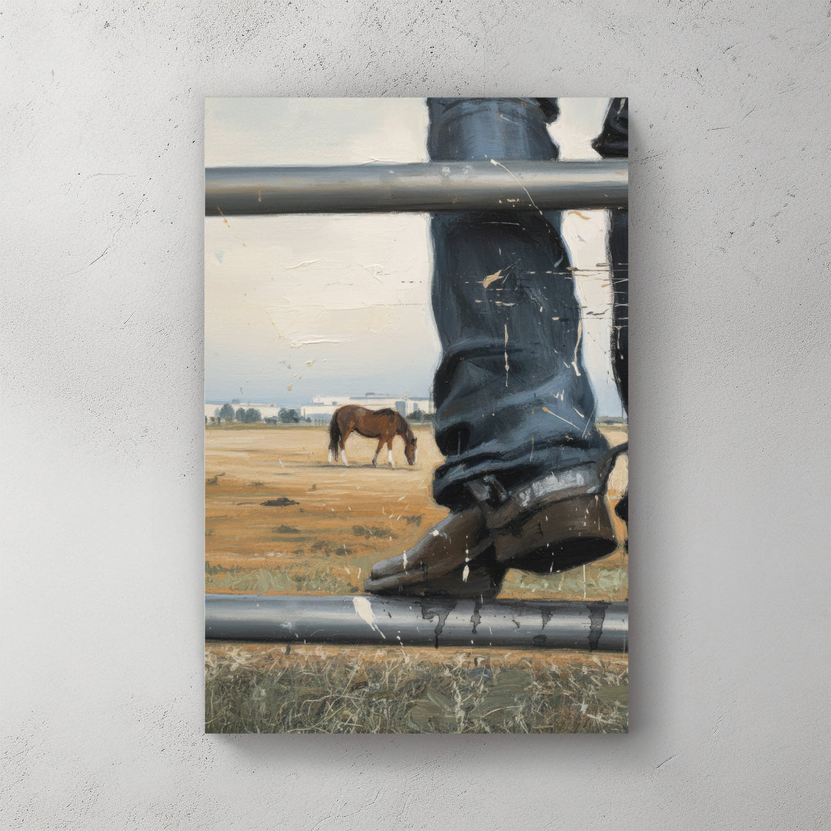 Horse in rural landscape through weathered metal fence wall art print