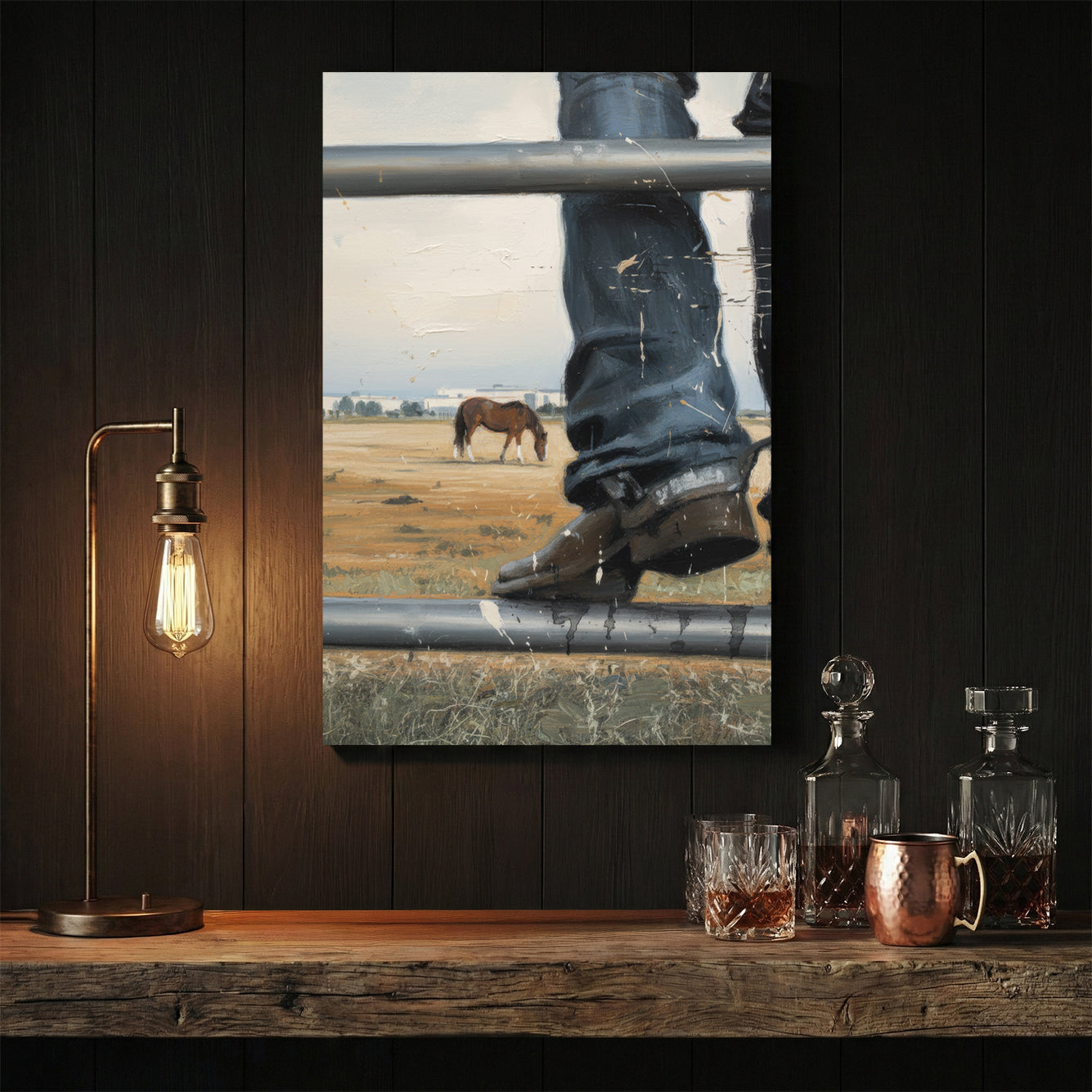 Horse in rural landscape through weathered metal fence wall art print