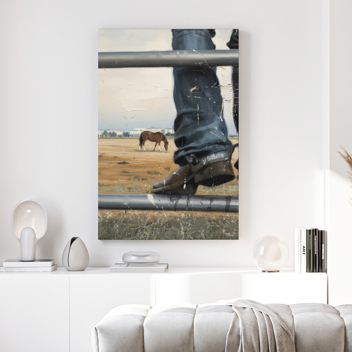 Horse in rural landscape through weathered metal fence wall art print