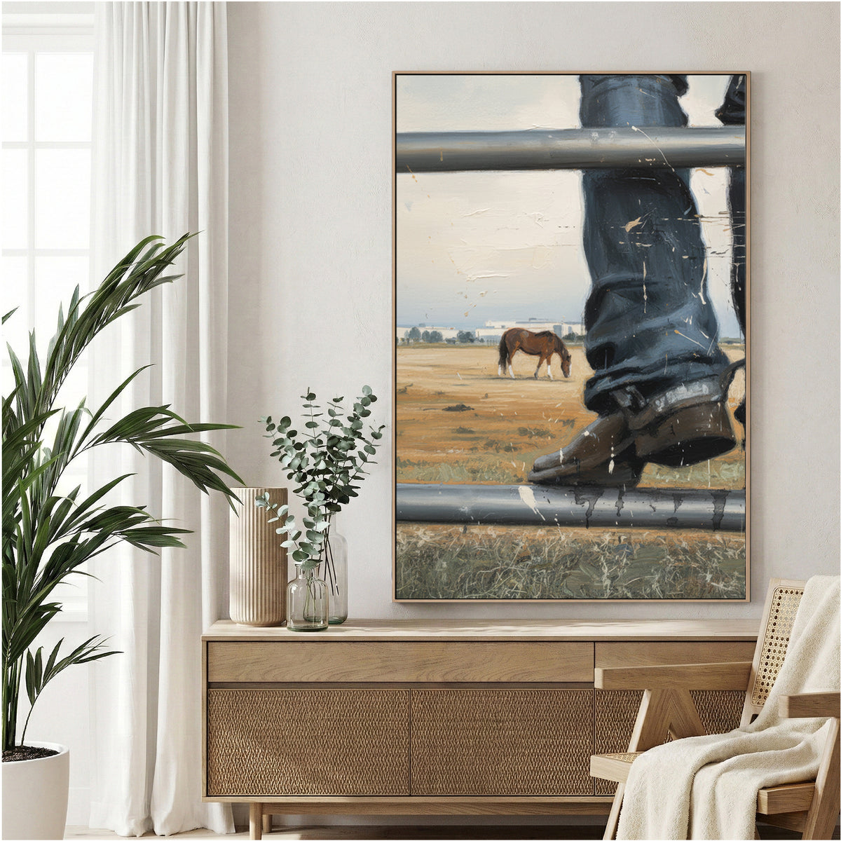 Horse in rural landscape through weathered metal fence wall art print