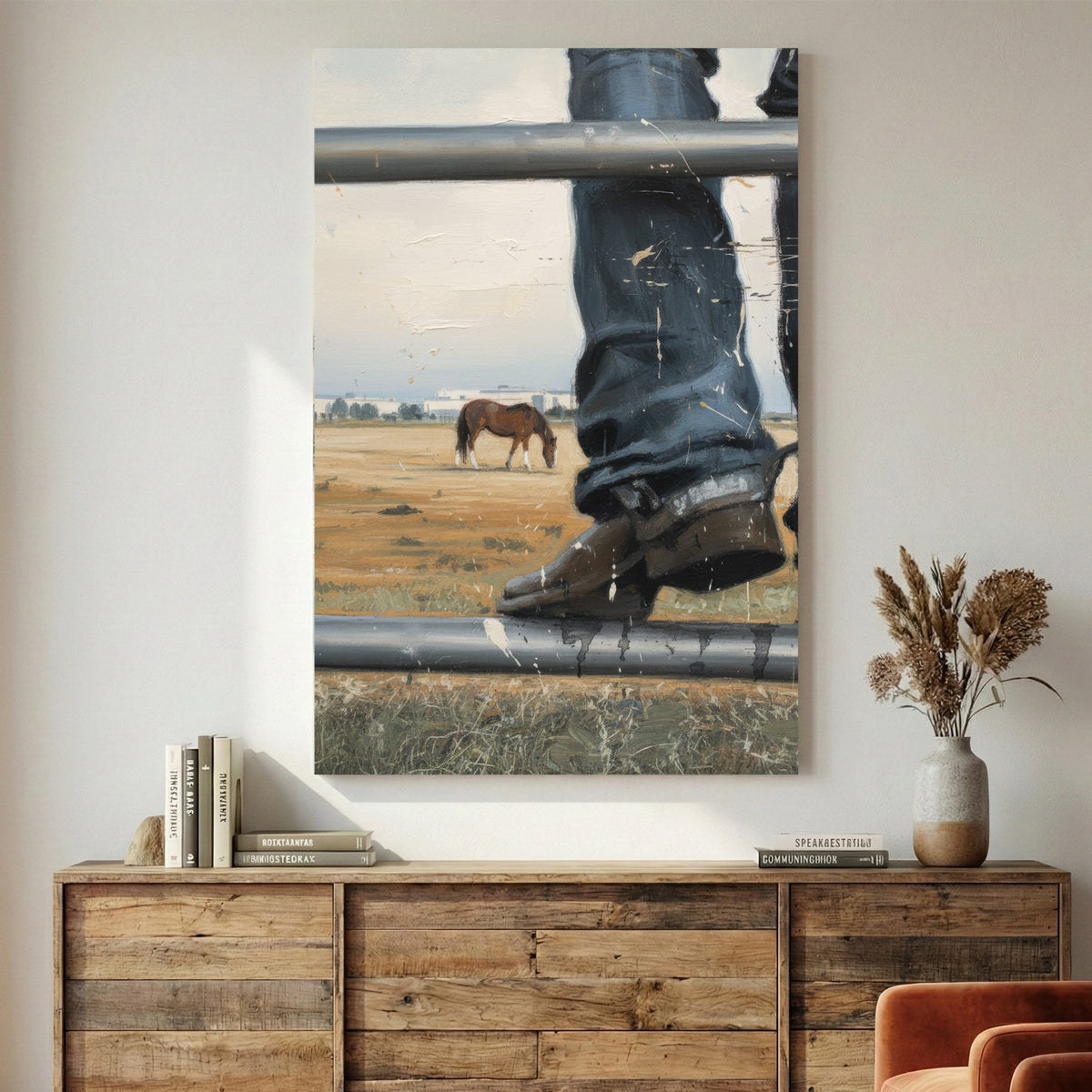 Horse in rural landscape through weathered metal fence wall art print