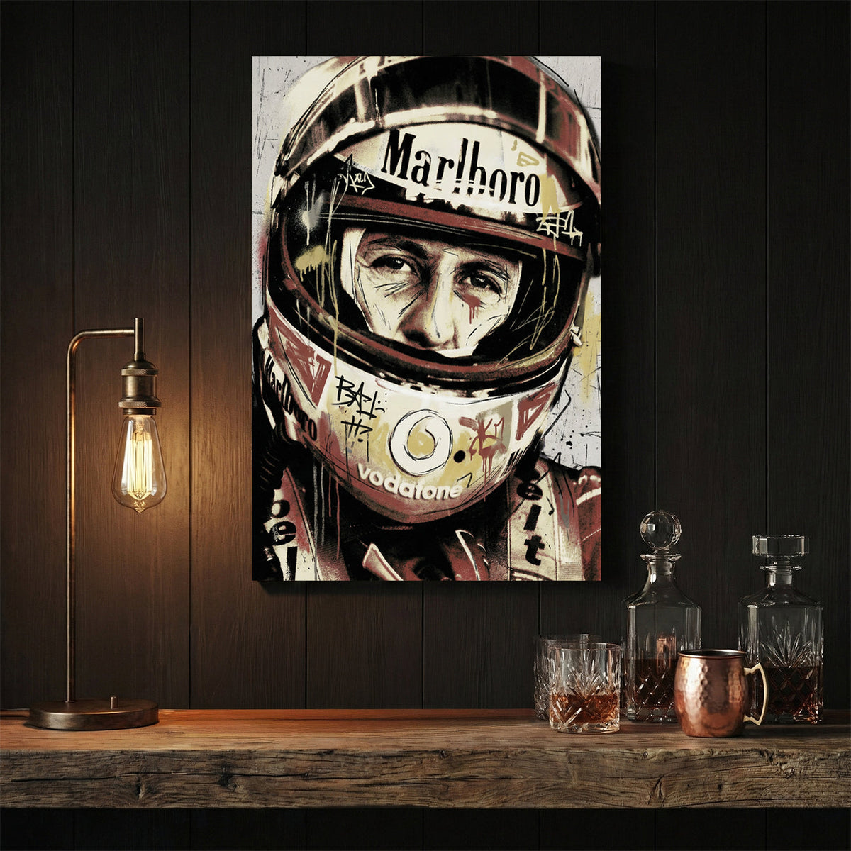 Michael Schumacher in racing helmet urban graphic portrait